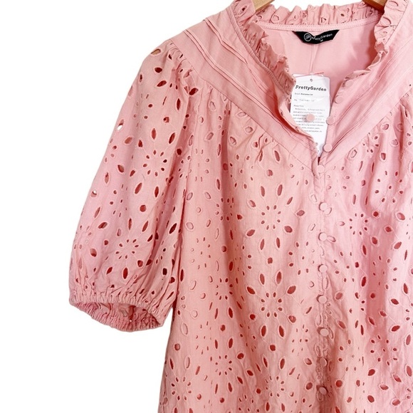 Pretty Garden Eyelet Short Lantern Puffy Sleeve  Blouse Size Medium Dusty Pink - Picture 4 of 9